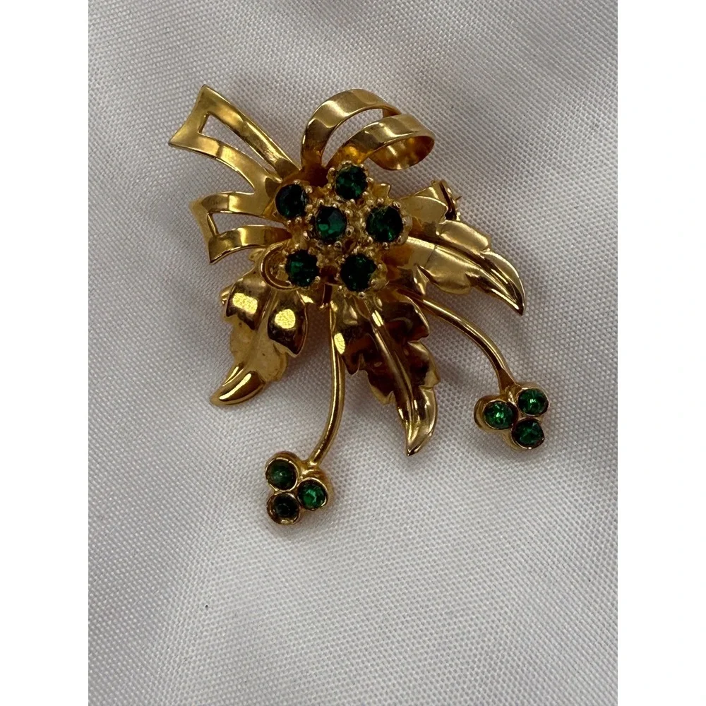 Vintage Feminine Green Rhinestone Floral Bow Brooch Pin Leaf Retro Statement